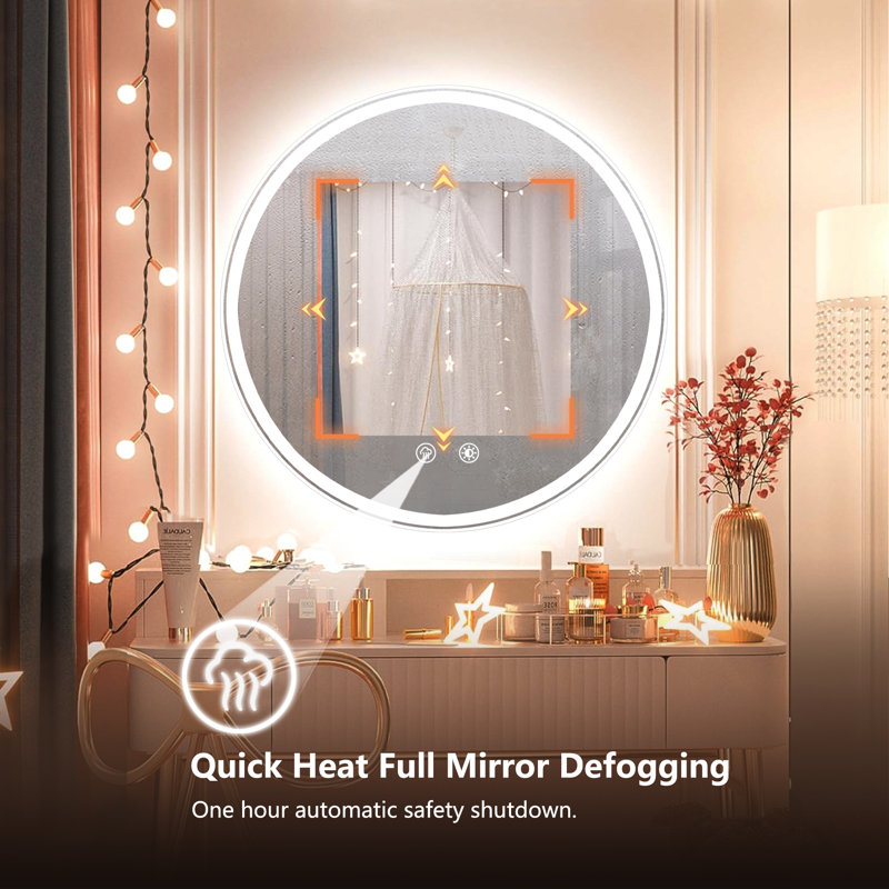 Round LED Bathroom Mirror with Lights Backlit and Front Lighted Wall Mounted Vanity Mirror 3000K 4000K 6500K Inside Bluetooth Speaker Anti Fog